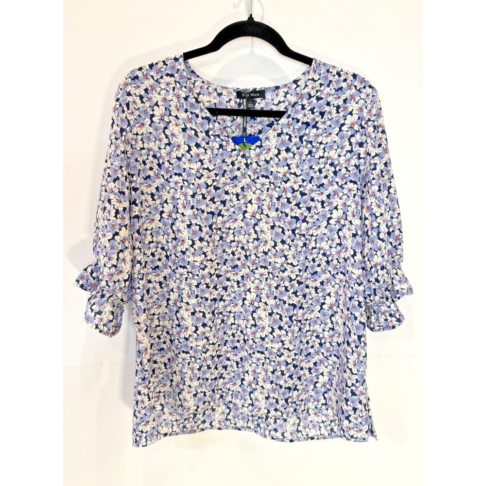 Well Worn Womens Floral Blouse Size L Blue V Neck Ruffle Sleeve NWT